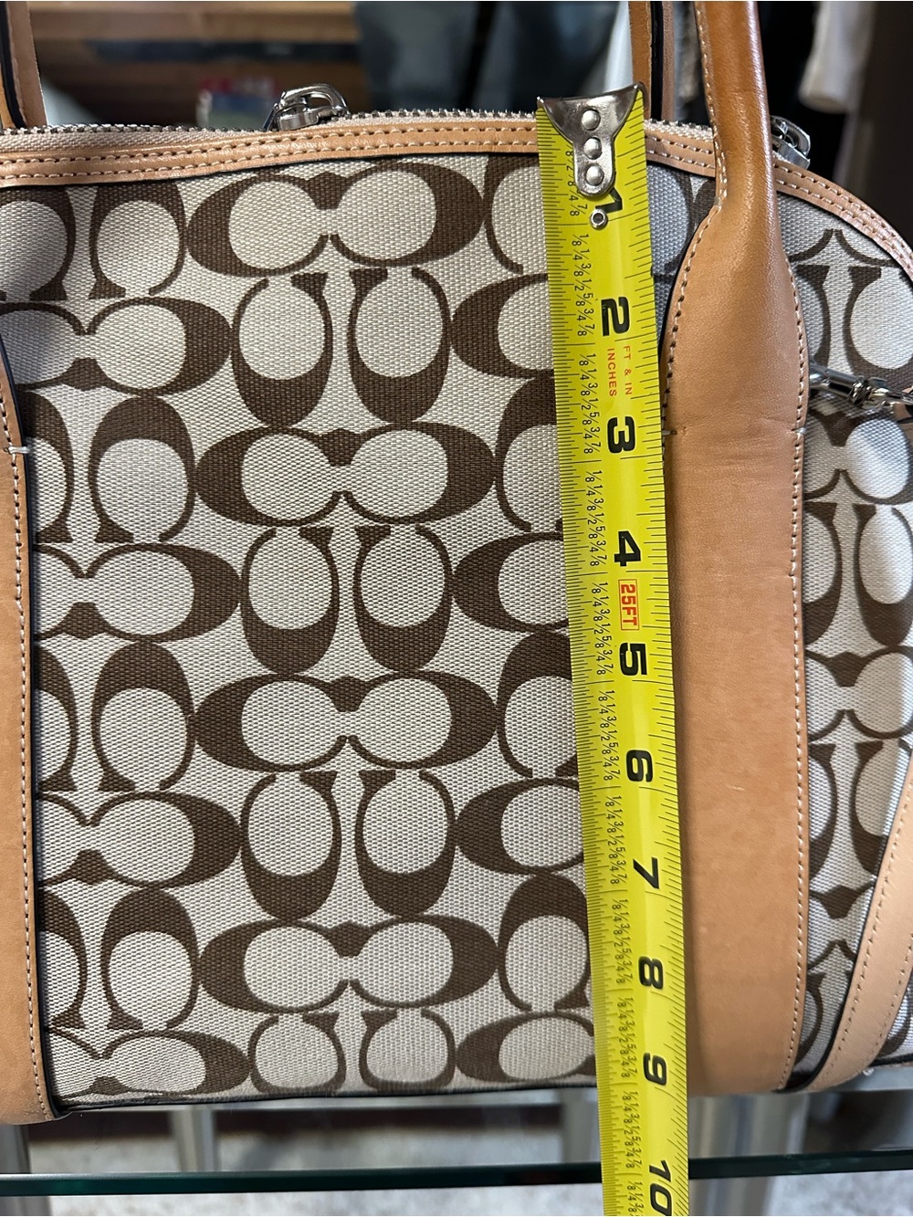 Coach Brown Signature Canvas Dome Satchel with Tan Leather Trim - Picture 7 of 8